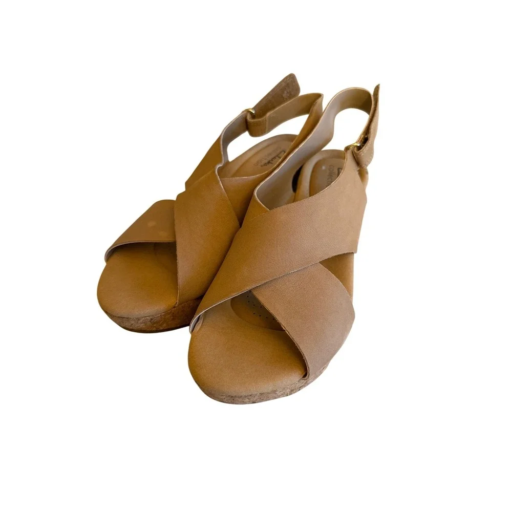 Clarks Collection Tan Leather Crisscross Wedge Slingback Sandals Women Size‎ 10